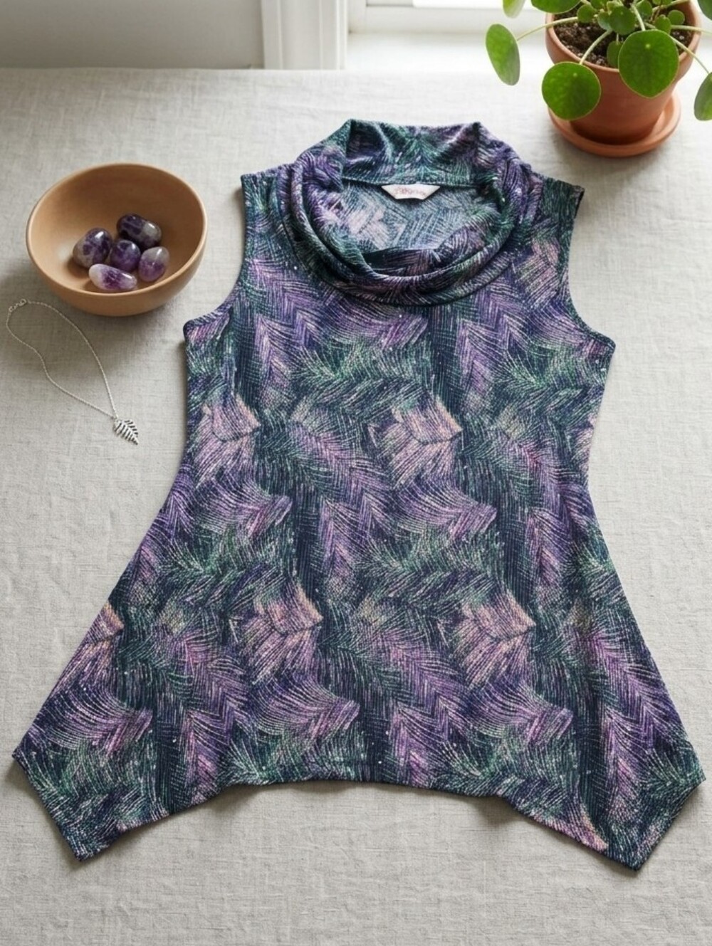 Brittany Black Purple and Green Printed Cowl Neck Tank